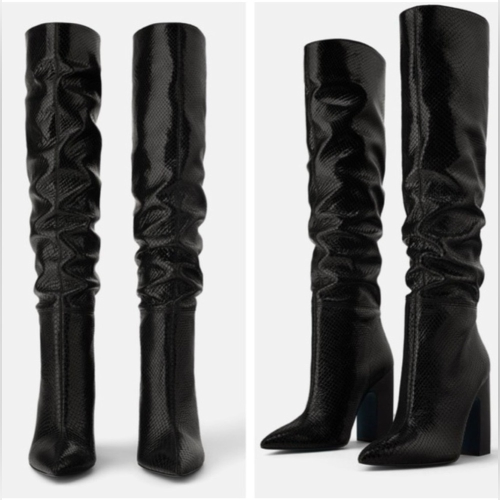 Zara Black Textured Knee-High Block Heel Boots - Picture 4 of 16